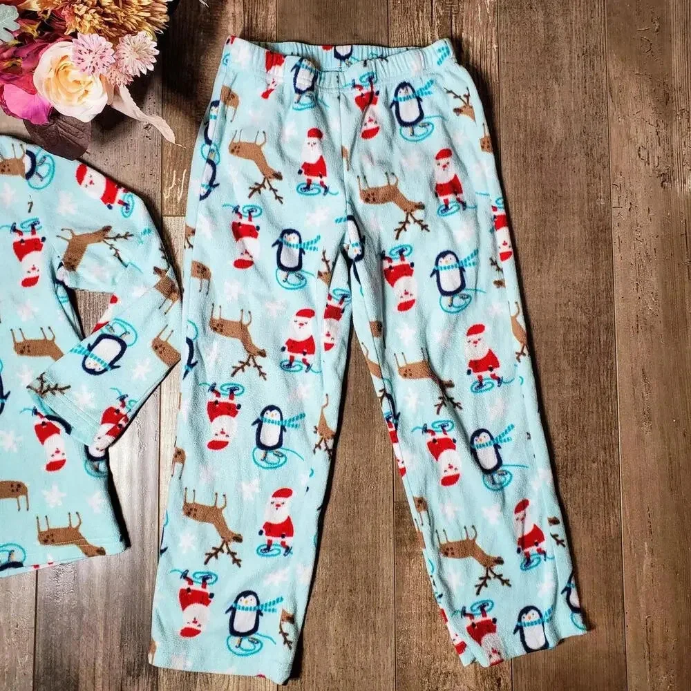 Gymboree Blue Winter Christmas Santa Penguin Reindeer Size 5/6 Fleece PJ Set